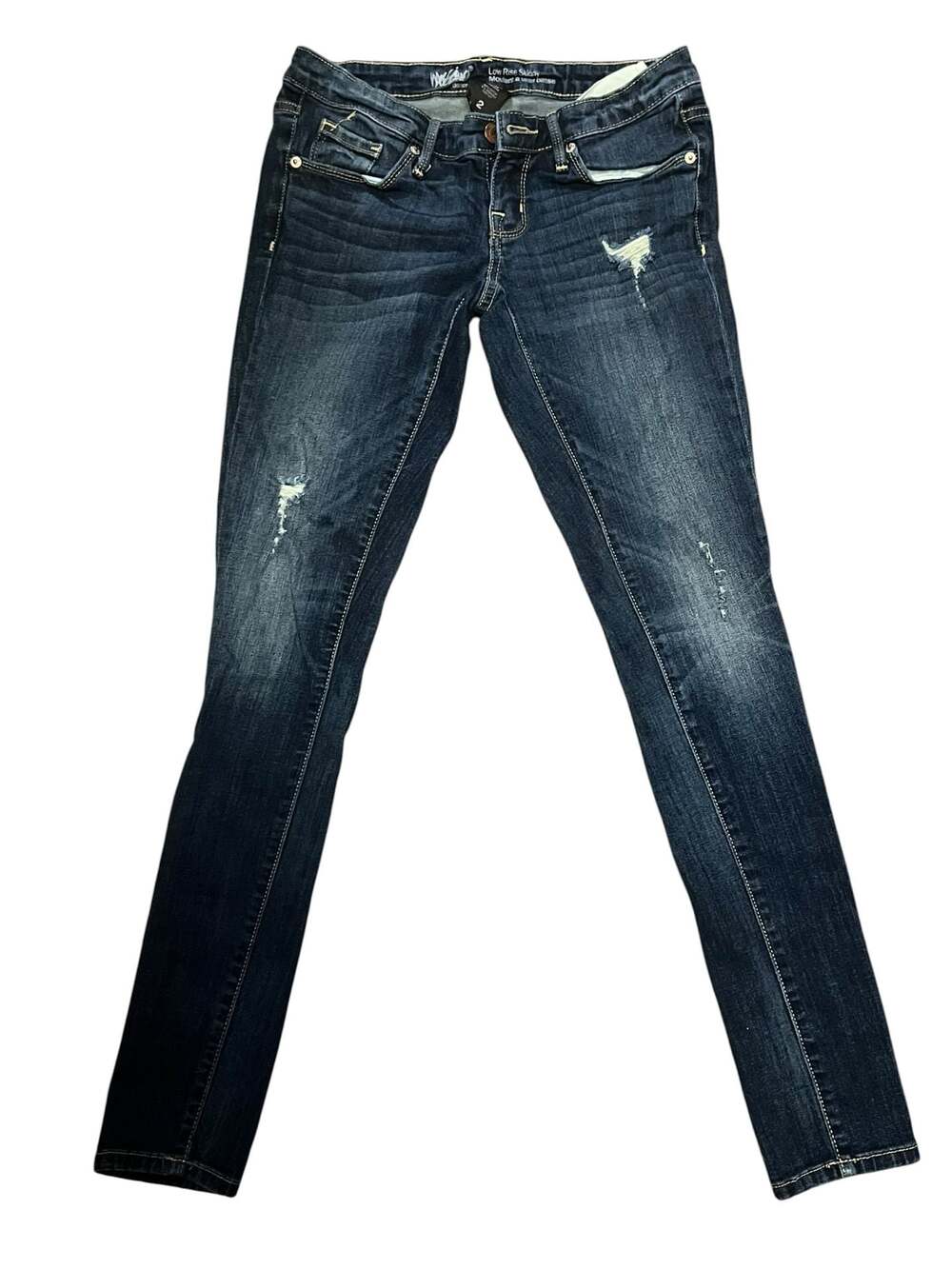 Mossimo Low Rise Skinny Jeans Womens Size 2 Dark Wash Distressed Denim